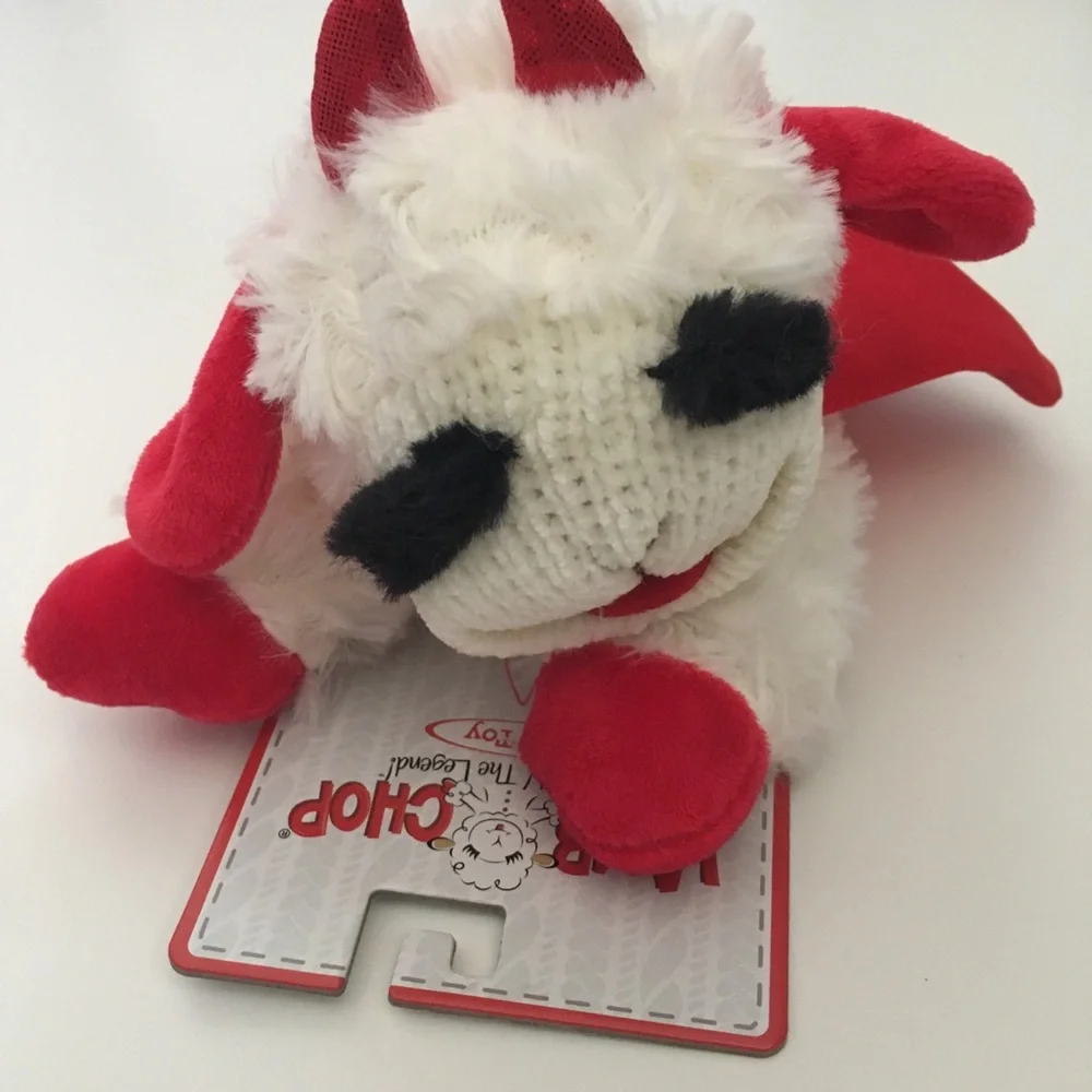 Dog Toy 8” Lamb Chop Plush Red and White with Red Cape and Horns Halloween Theme